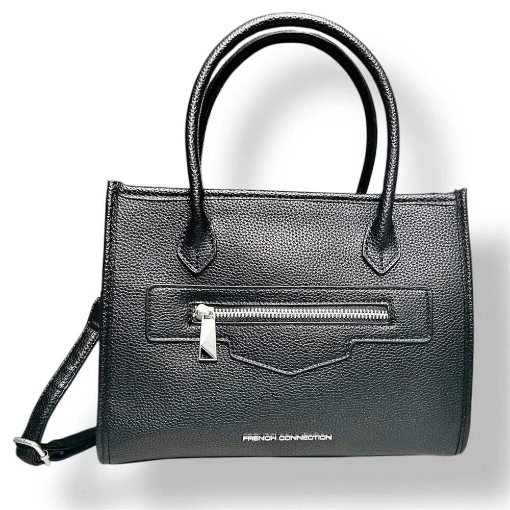 NEW‎ French Connection Black Vegan Leather Fritz Square Satchel Handbag Purse
